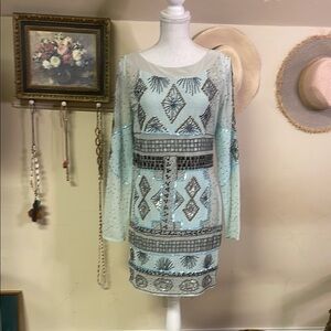 Elegant Beaded Dress in Light Blue and Silver